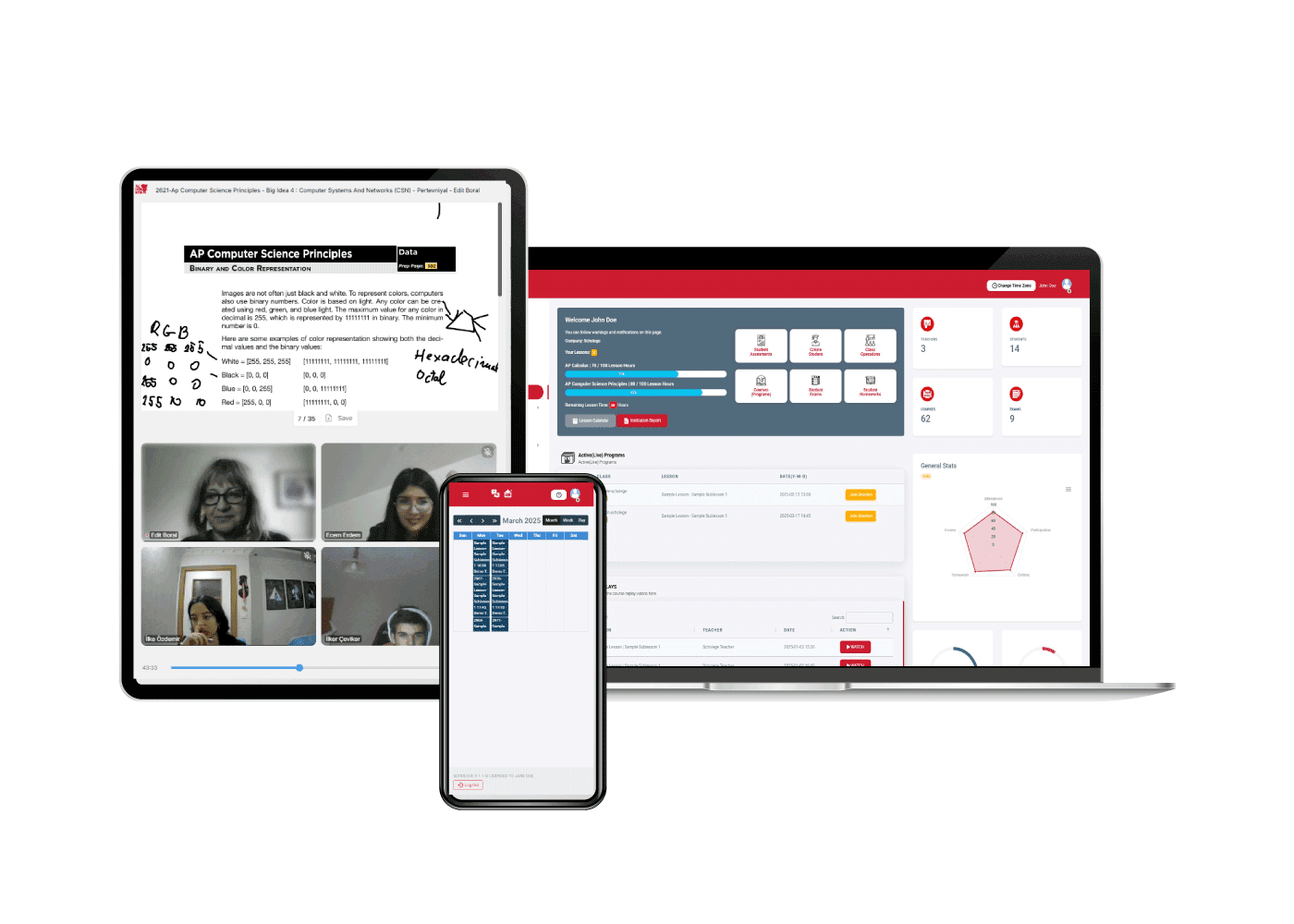 Scholege platform on laptop, tablet and phone